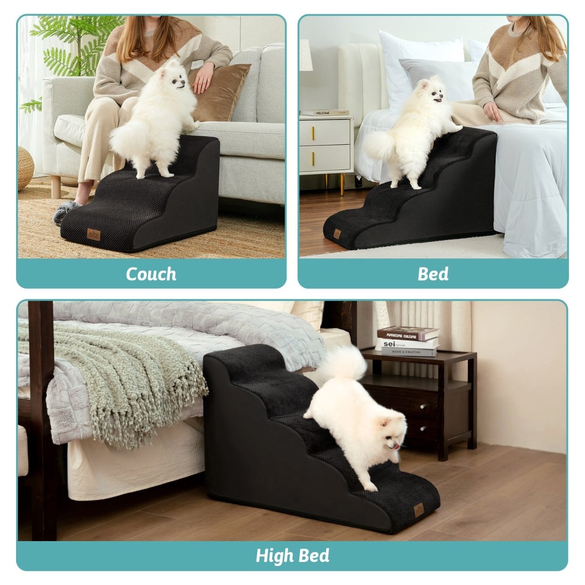 Pet ramp being used to climb onto a couch, bed, and high bed in a home setting.#Color_Black