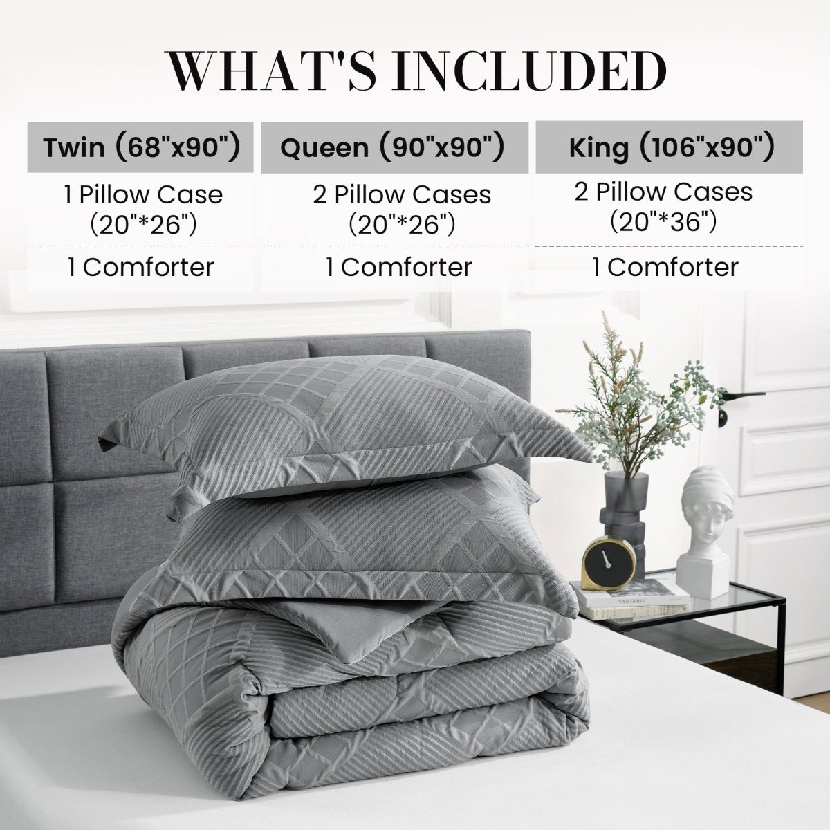 Folded diamond jacquard down comforter set with pillow shams and size inclusion guide #color_Dark Grey