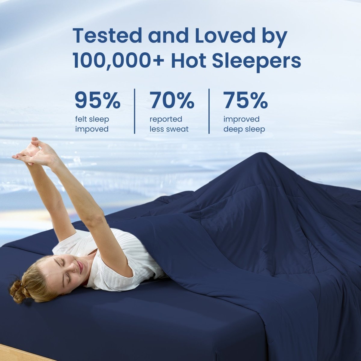 Woman waking up refreshed under cooling blanket, better sleep for hot sleepers.#Color_Navy Blue