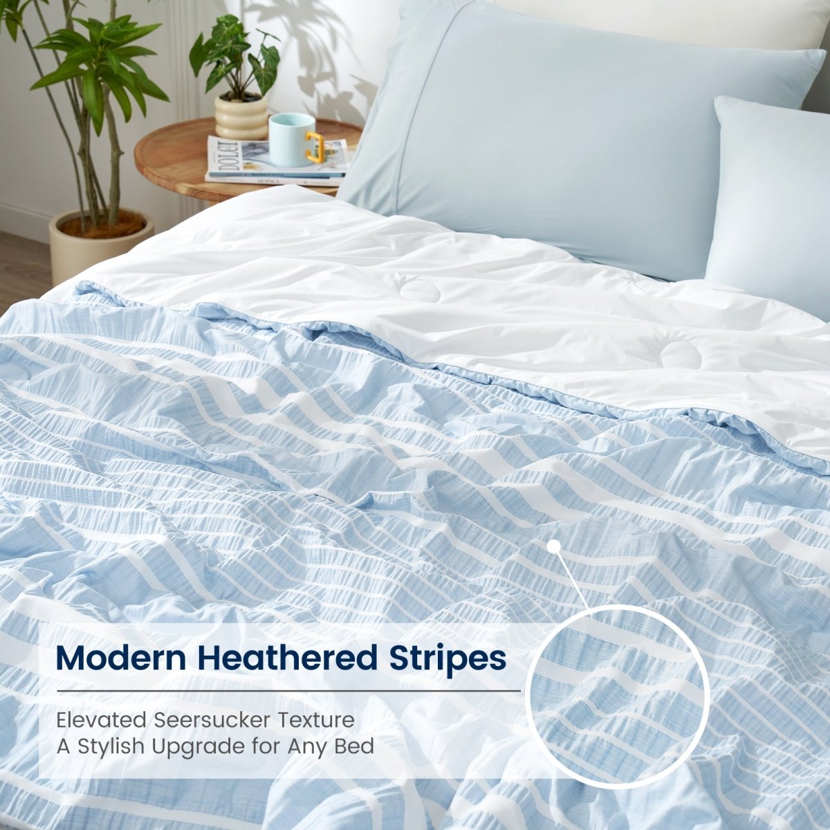 Cozy Bliss striped seersucker cooling comforter in Sky Blue showcasing elevated textured pattern #color_Sky Blue