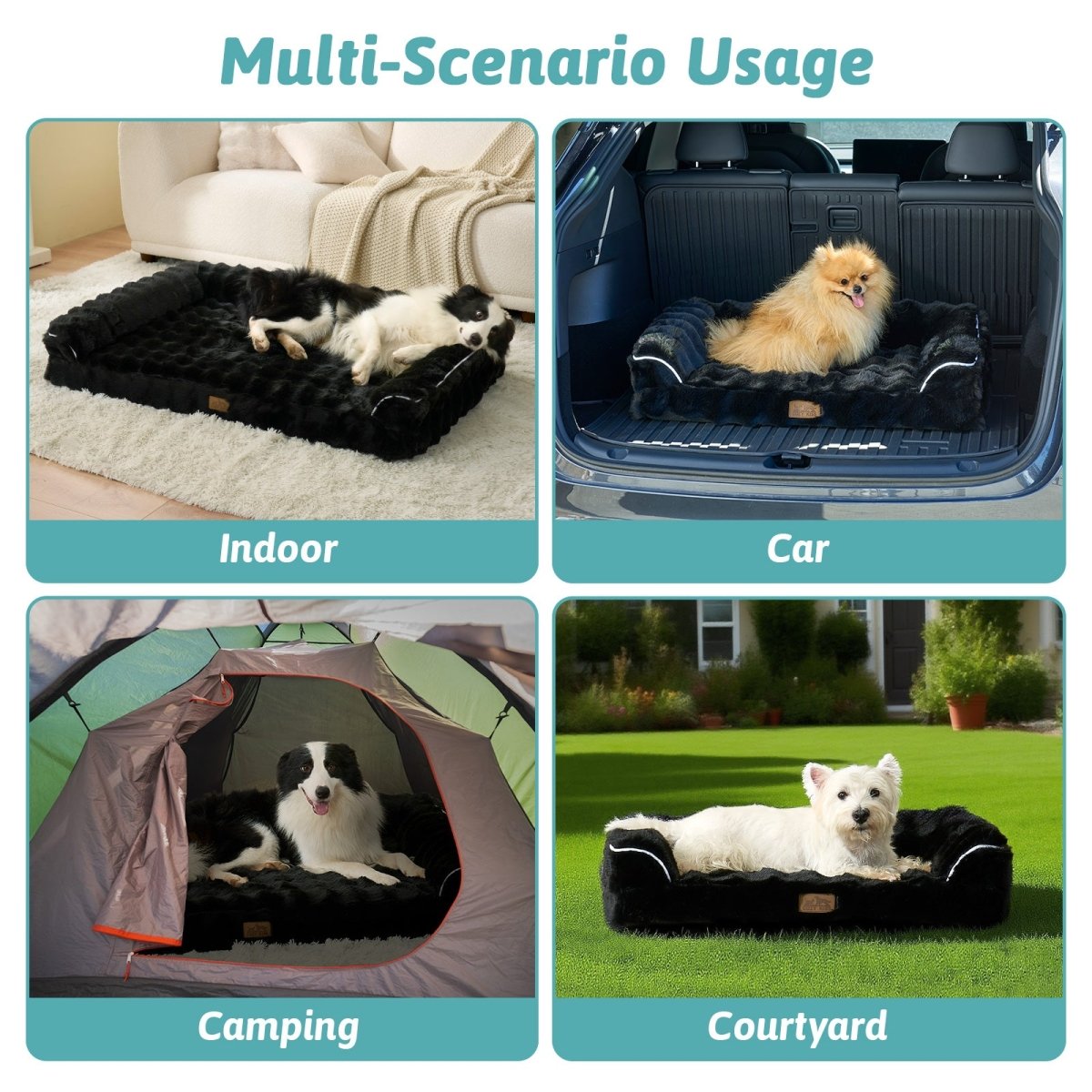 Dog bed used in various scenarios including indoor, car, camping, and courtyard.