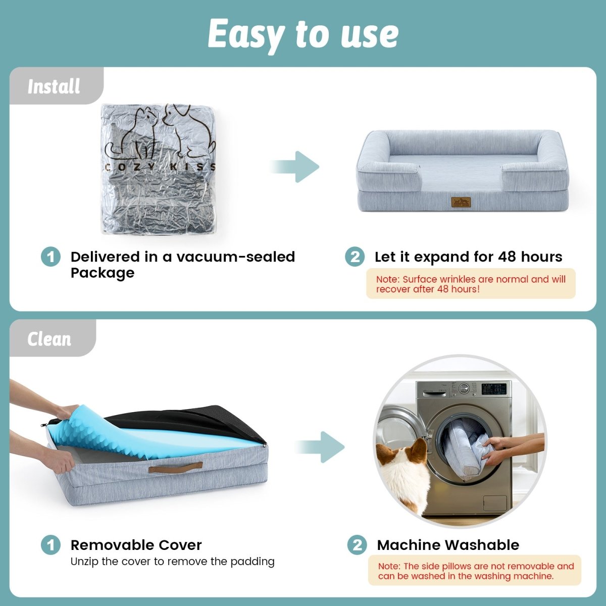 Instructions for using a pet bed with vacuum-sealed packaging, expansion, and machine washing features.#color_Cool Blue