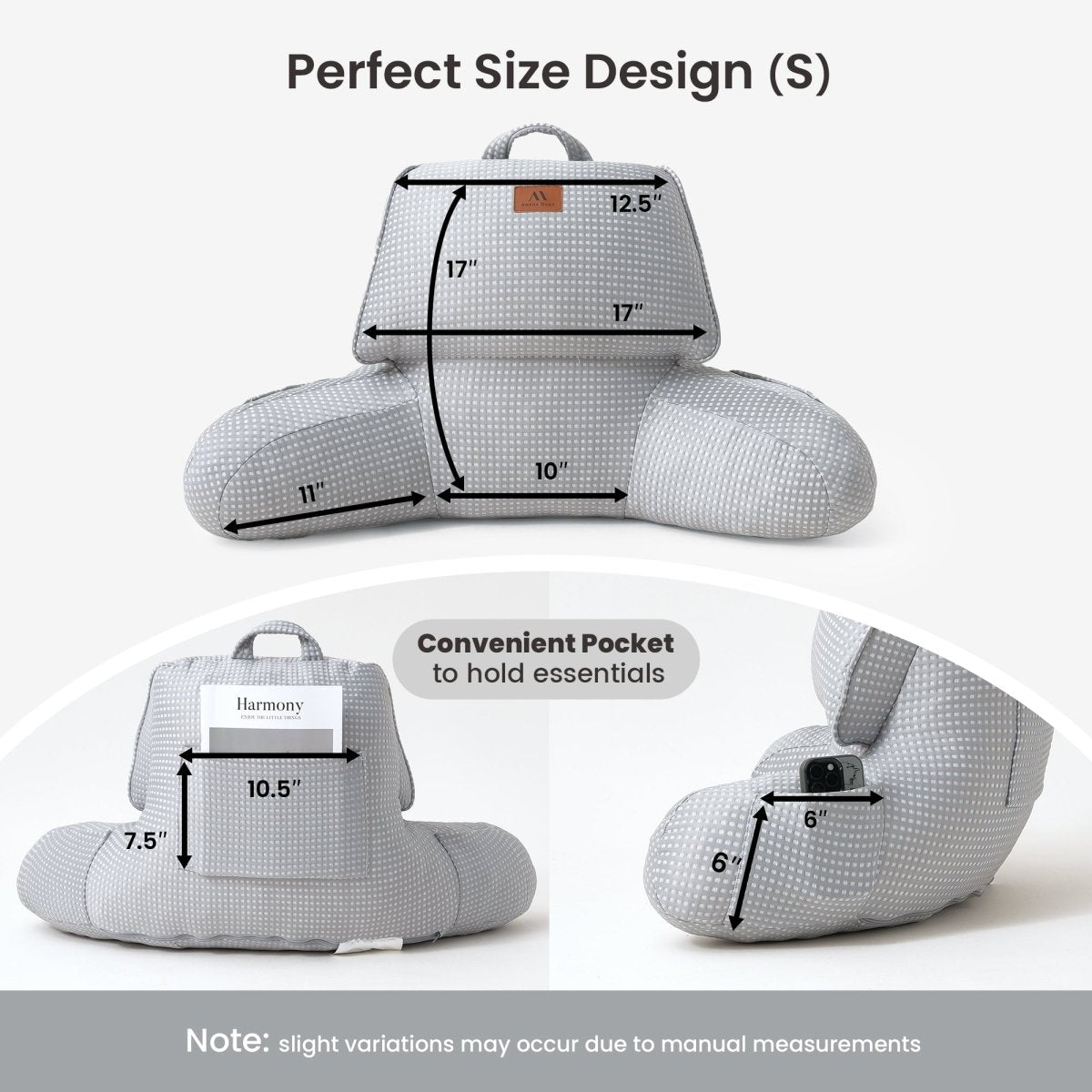 Small Size measurement of Cozy Bliss grey backrest reading pillow. #color_Grey