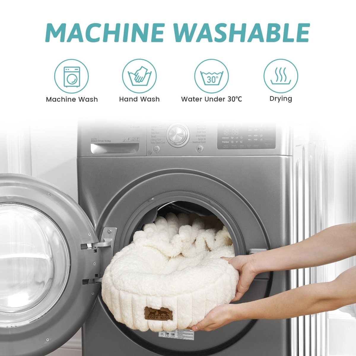 Person placing a fluffy white item into a washing machine with icons and text indicating machine washable properties.