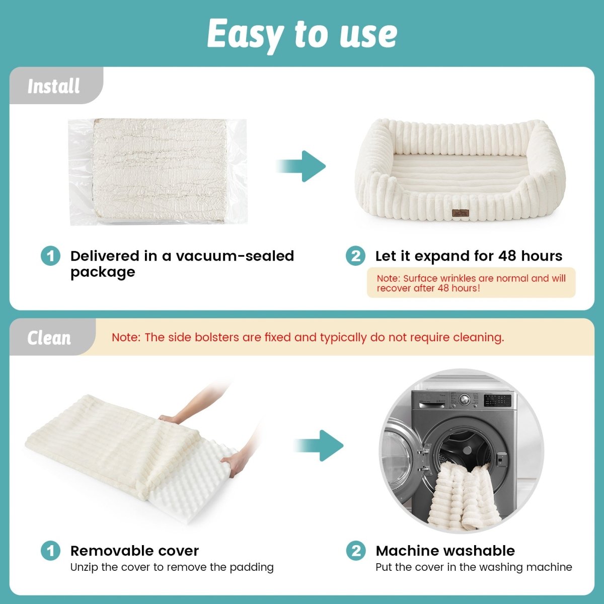 Instructions for using and cleaning a pet bed.#Color_Cream White