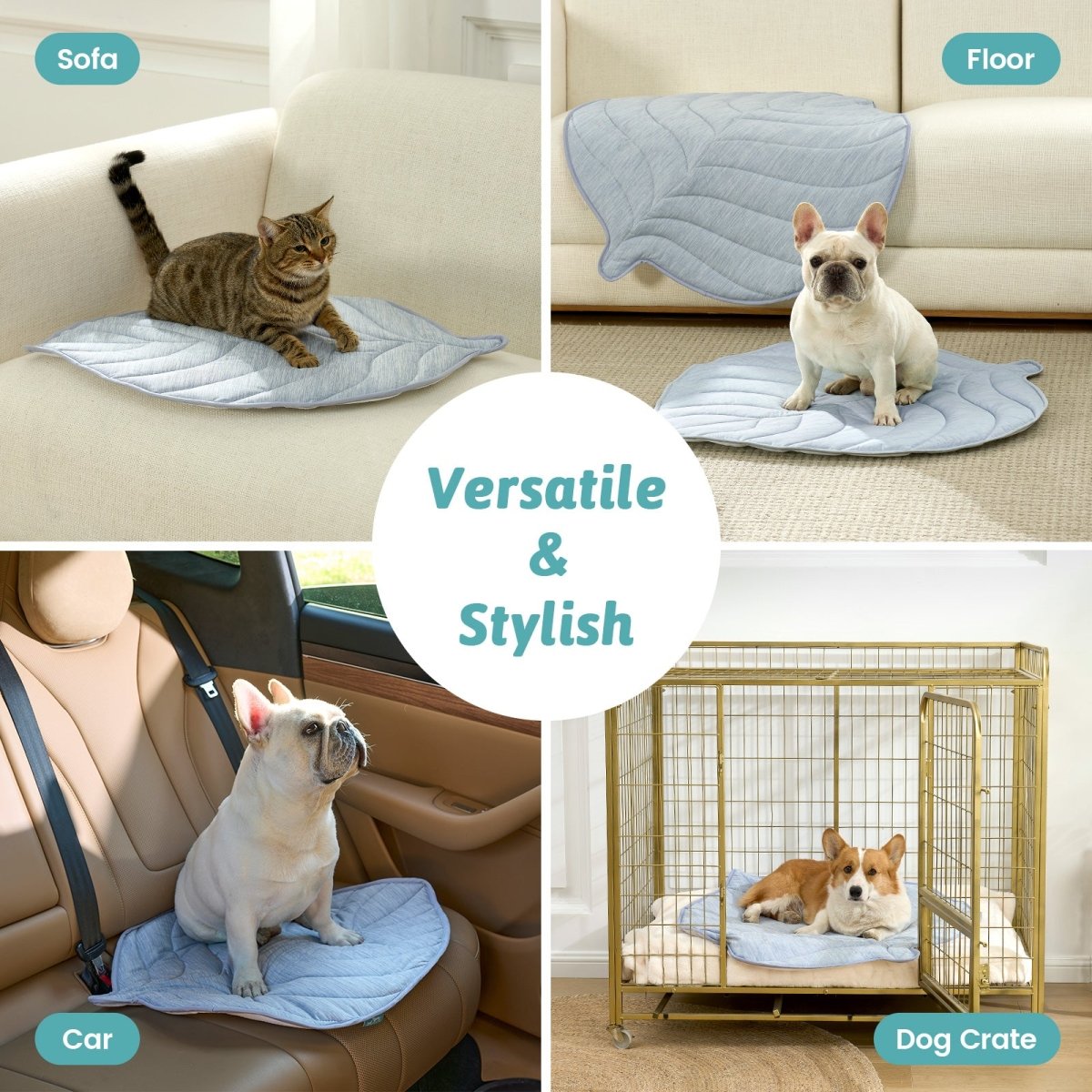 Collage of pet mats used on various surfaces including a sofa, floor, car, and dog crate. #color_Cool Blue