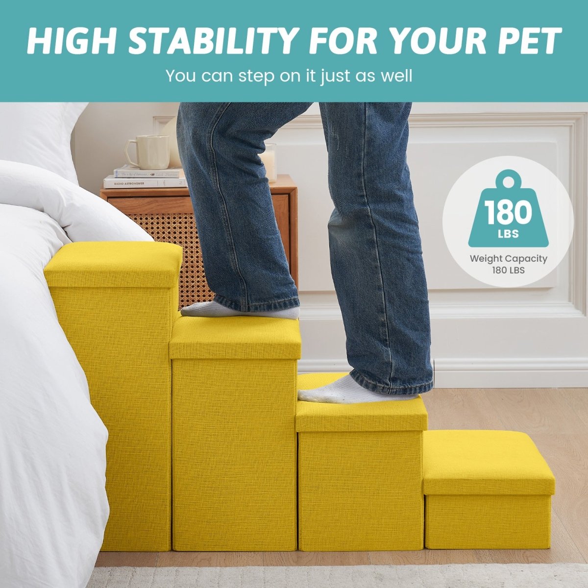 High stability Cozy Bliss storage pet stairs with 180 LBS weight capacity, strong enough for adult support. #color_Yellow