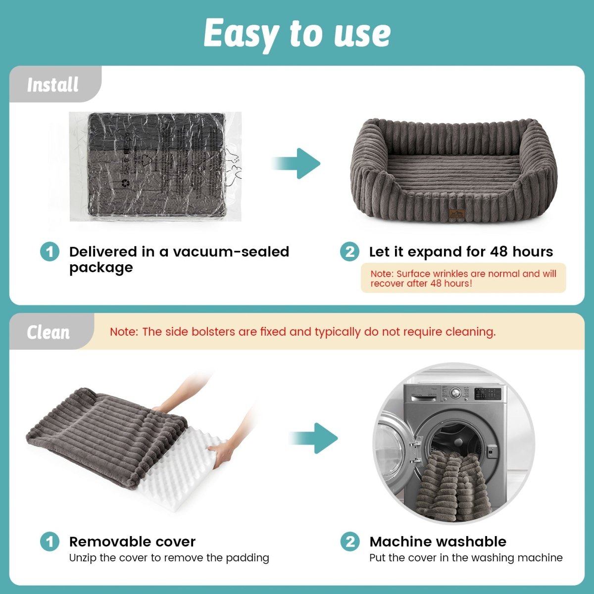 Instructions for using and cleaning a pet bed.#Color_Grey
