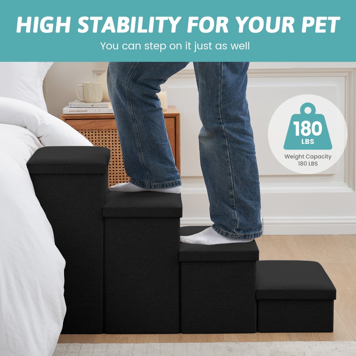 High stability Cozy Bliss storage pet stairs with 180 LBS weight capacity, strong enough for adult support.  #color_Black