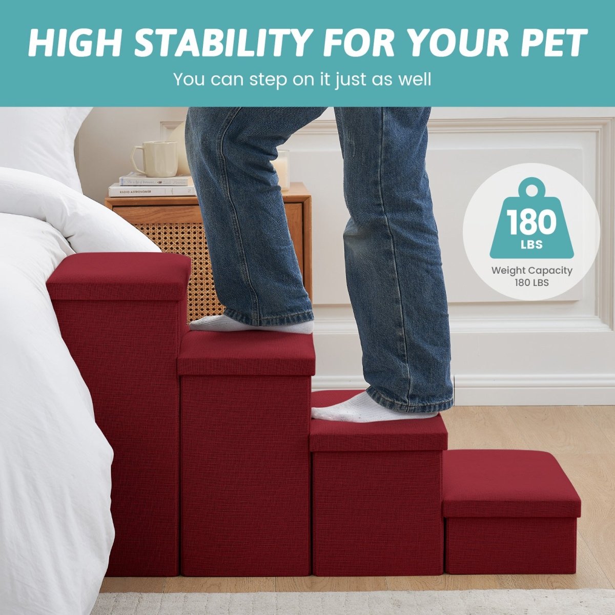 High stability Cozy Bliss storage pet stairs with 180 LBS weight capacity, strong enough for adult support. #color_Christmas Red