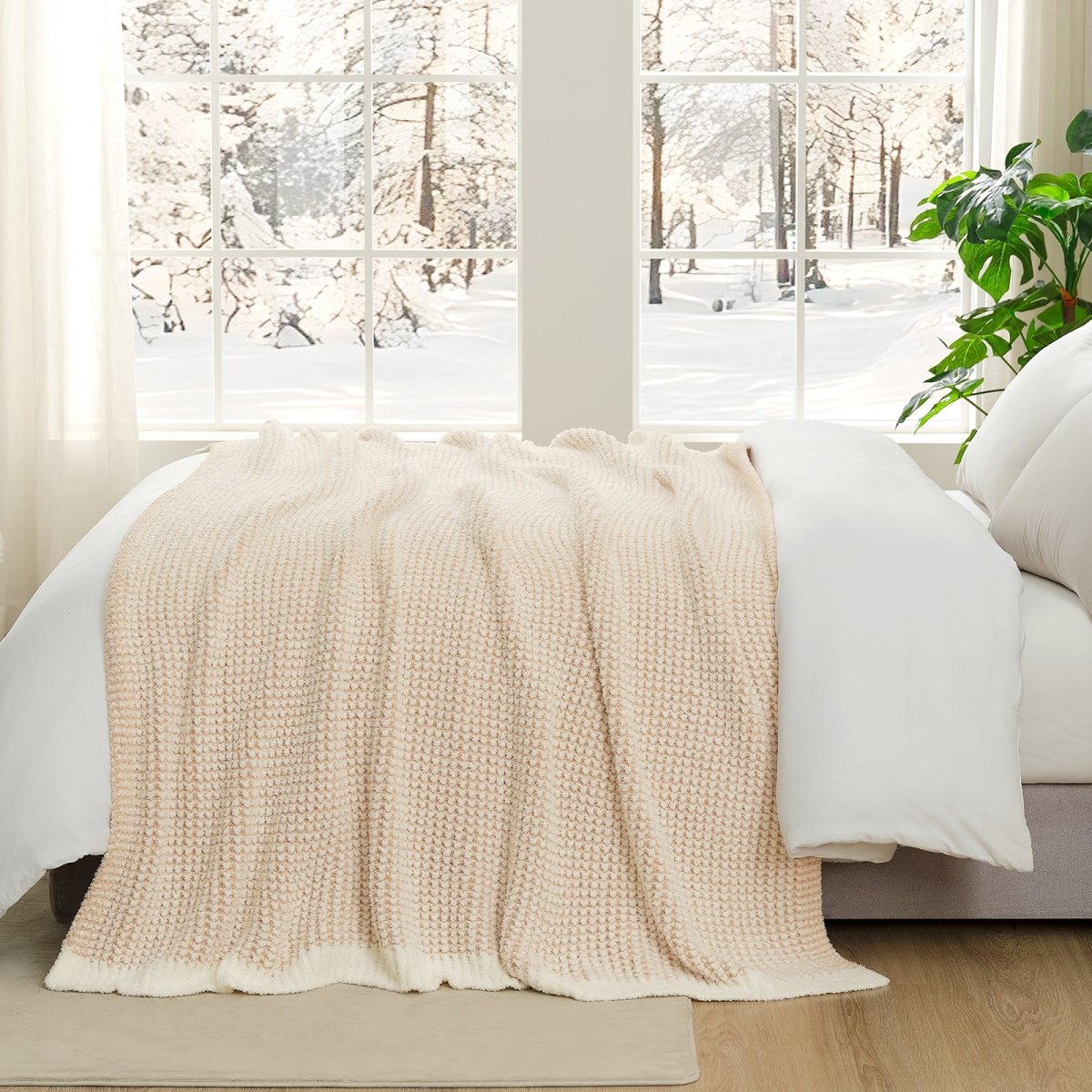 Soft Waffle Feather Yarn Throw Blanket in Cream/Beige styled on a bed, adding a soft and elegant layered look. #color_Cream/Beige
