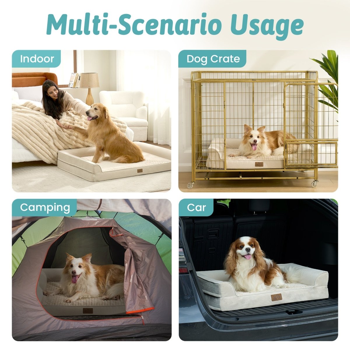 Dog bed used in various scenarios including indoor, car, camping, and courtyard. #Color_Beige