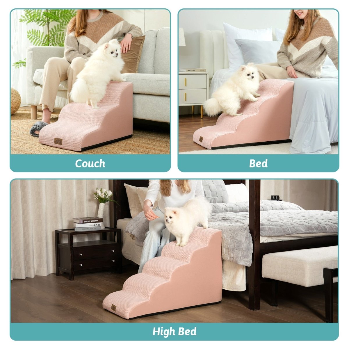 Pet ramp being used on a couch, bed, and high bed in different settings.#Color_Pink