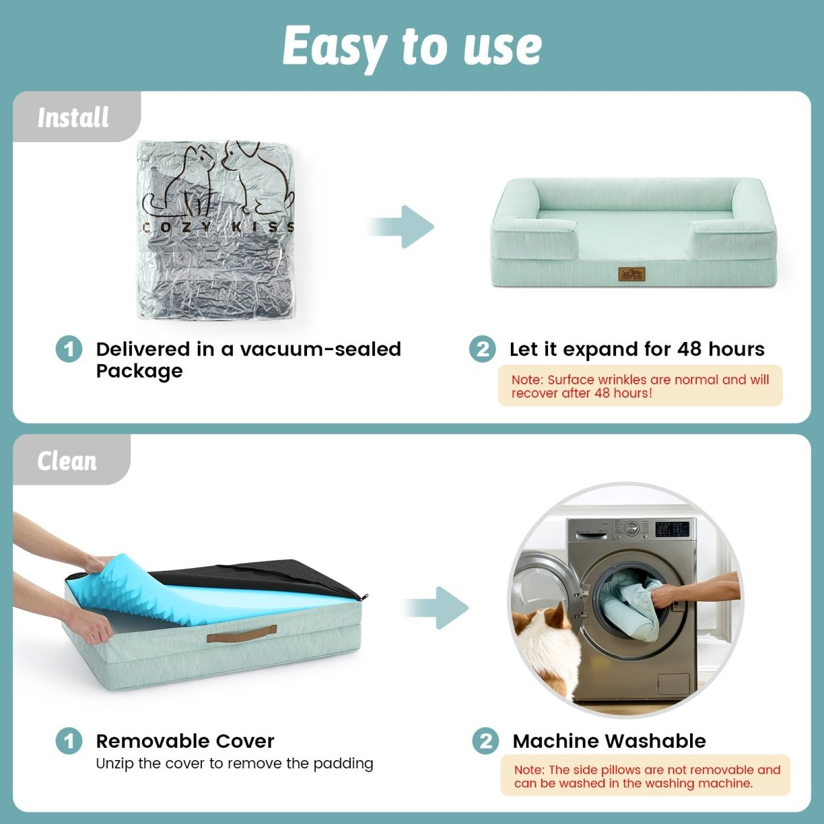 Instructions for using a pet bed with vacuum-sealed packaging, expansion, and washing instructions.#color_Light Mint Green