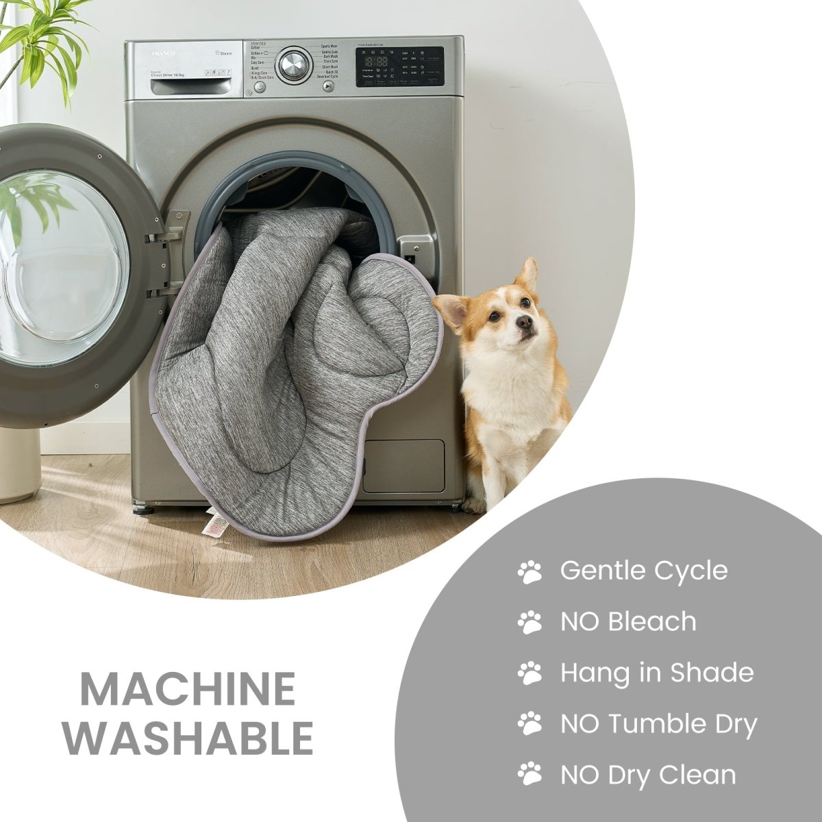 Machine washable cooling pet mat placed in washing machine for easy cleaning and maintenance.#color_Grey