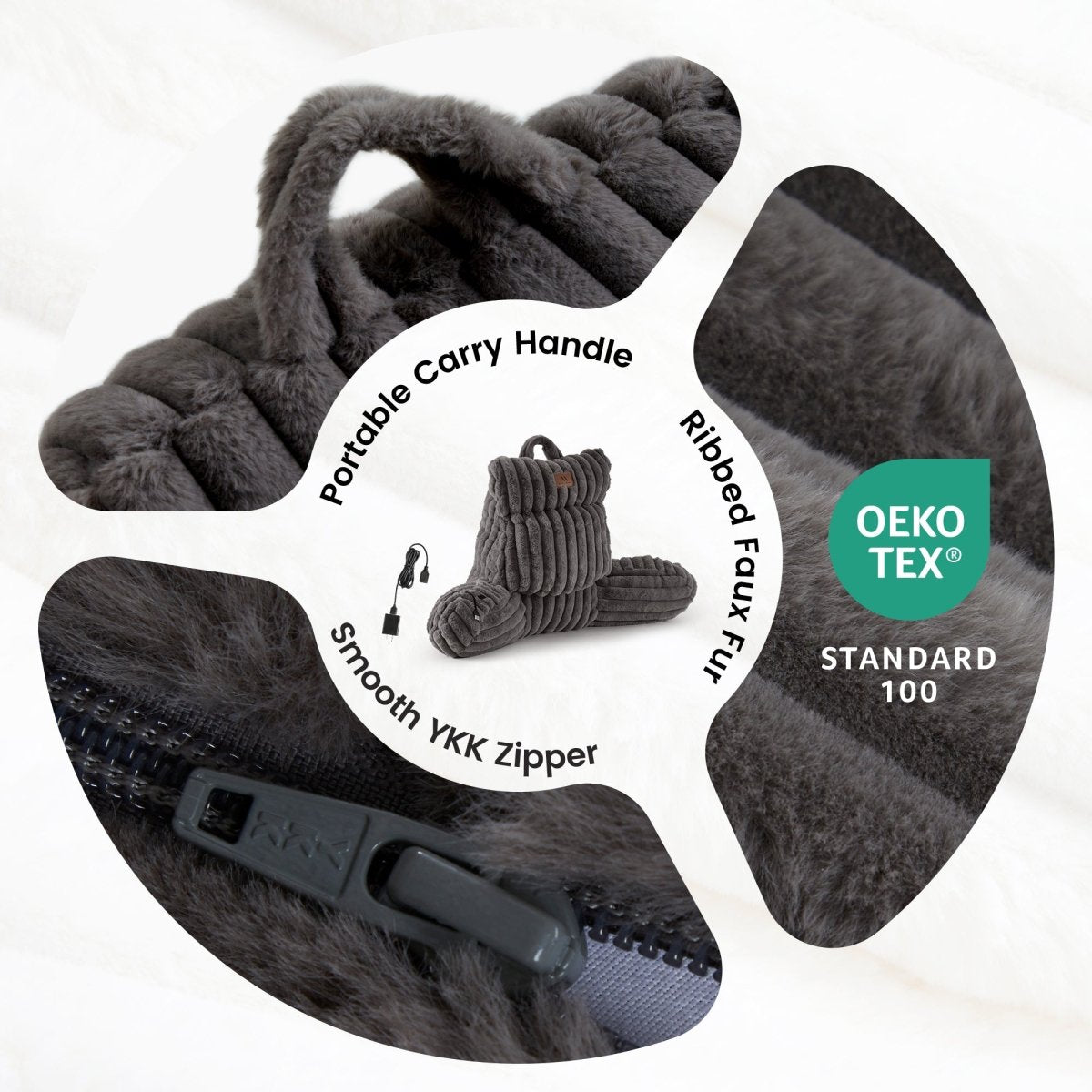 Details of electric heated backrest reading pillow with portable handle, ribbed faux fur fabric and smooth zipper. #color_Dark Grey