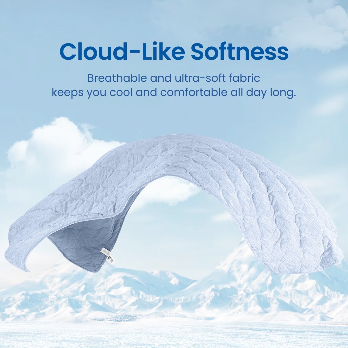Cool blue cloud-like soft Cozy Bliss dual-sided cooling comforter in air, perfect for all day comfort. #color_Cool Blue