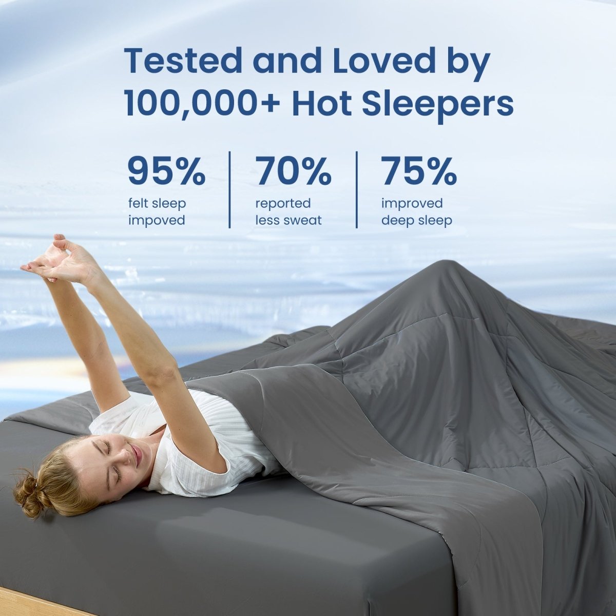 Woman waking up refreshed under cooling blanket, better sleep for hot sleepers.#Color_Charcoal Grey