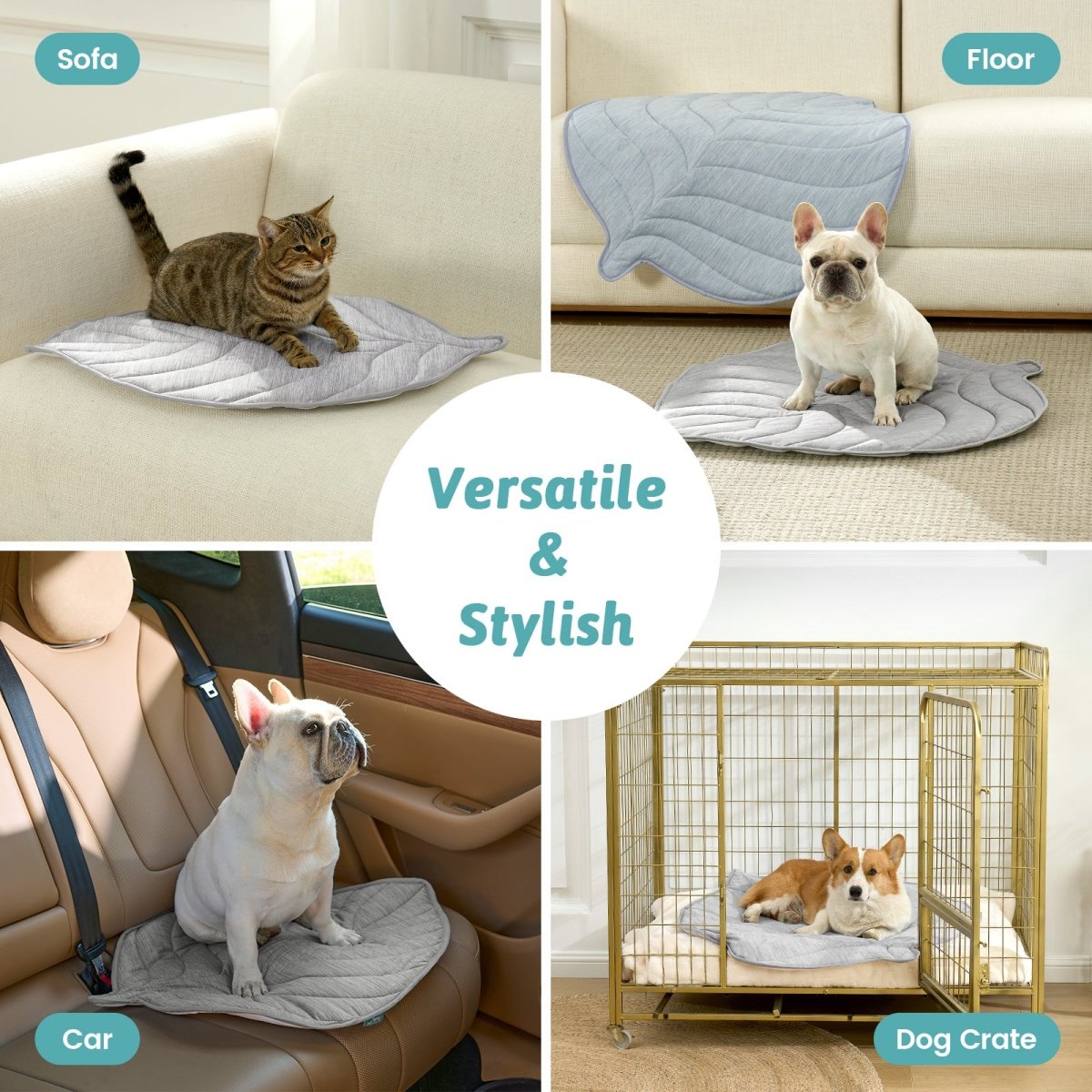 Collage of pet mats used on various surfaces including a sofa, floor, car seat, and dog crate.#color_Grey