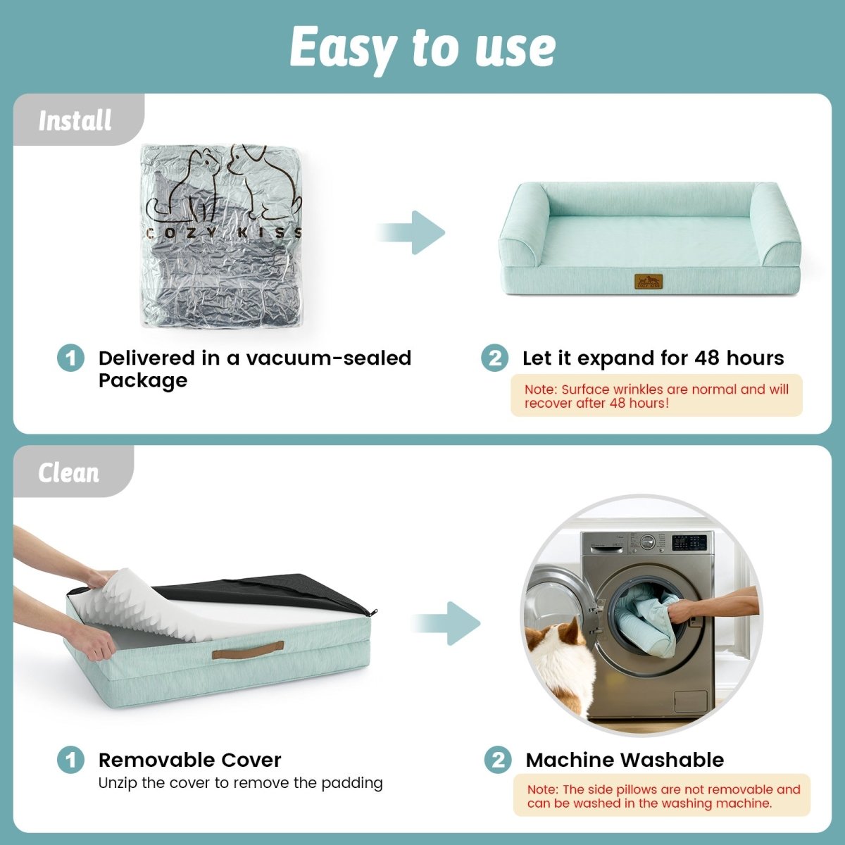 Instructions for using a pet bed with images and text on a green background#color_Light Mint Green