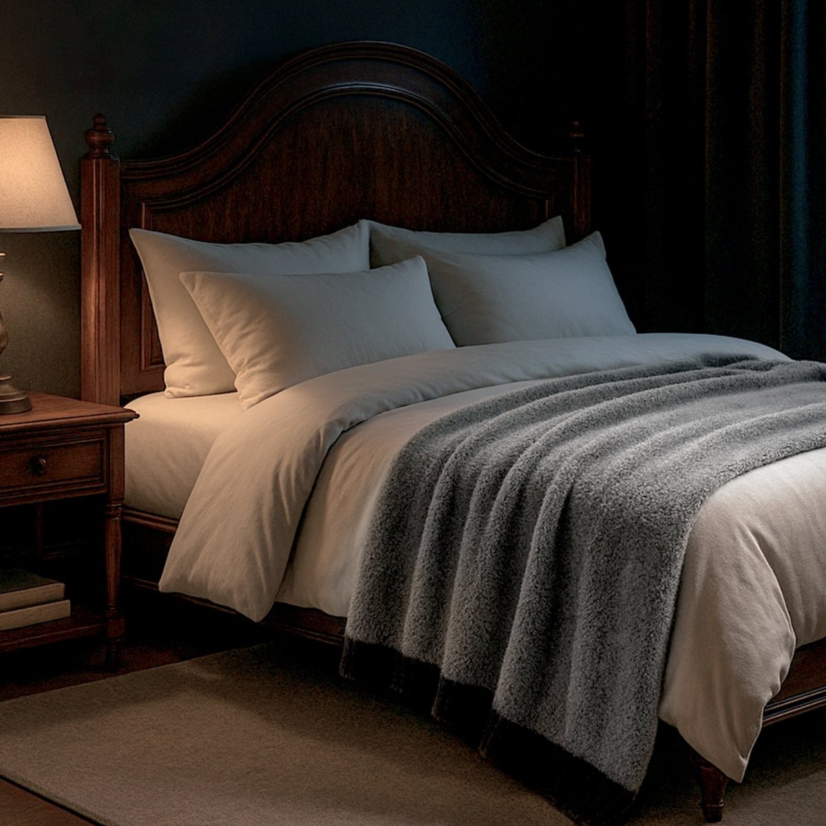 Faux Mink Feather Knit Throw Blanket in Black draped over a bed in a dim bedroom setting, creating a warm and relaxing atmosphere. #color_Black