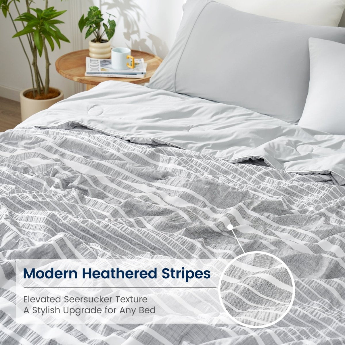 Cozy Bliss striped seersucker cooling comforter in Light Grey showcasing elevated textured pattern #color_Light Grey