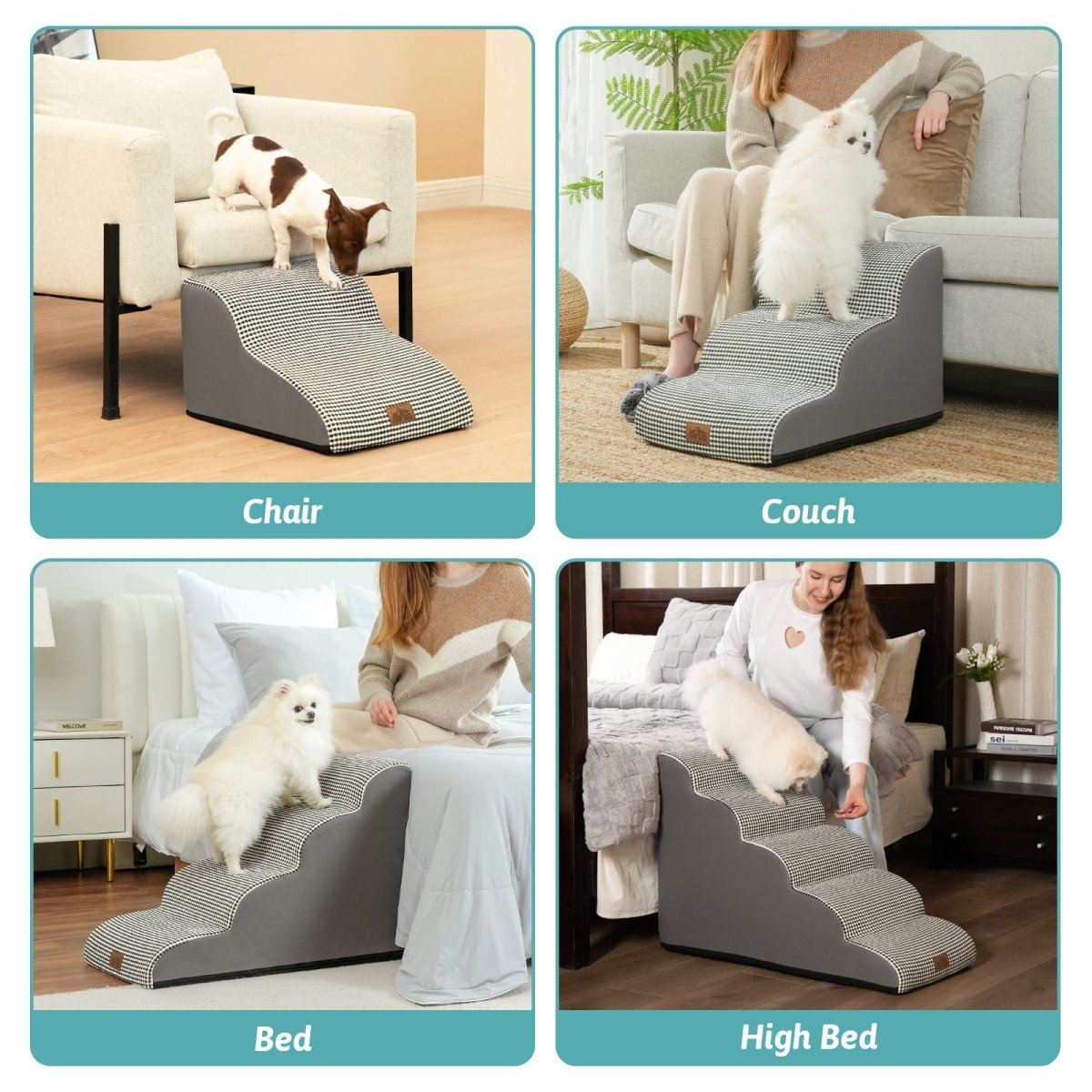 Pet ramp being used on various furniture pieces with a dog on top.#color_Black & White