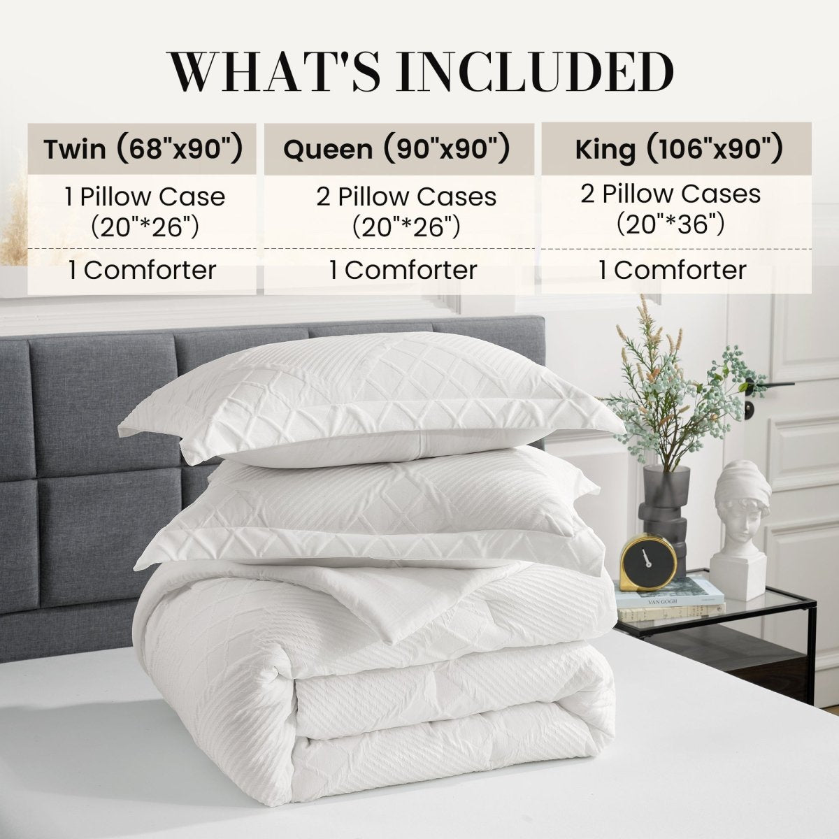 Folded diamond jacquard down comforter set with pillow shams and size inclusion guide #color_Off White