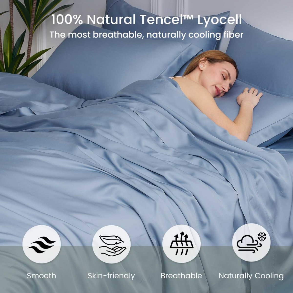 Adult sleeping under Cozy Bliss Tencel™ Eco-friendly Silky Duvet Cover Set, illustrating breathable and naturally cooling comfort. #color_Dark Blue