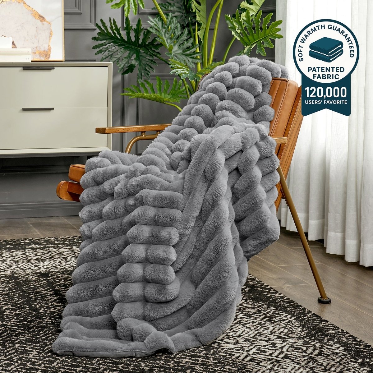Ultra Chunky Striped Faux Fur Throw Blanket in grey front view. #color_Grey