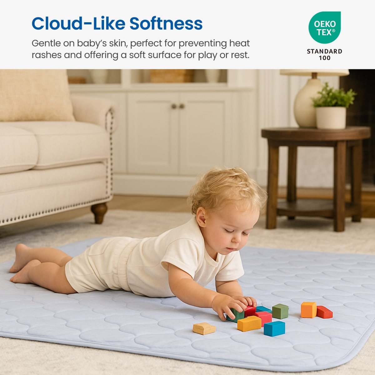 OEKO-TEX certified cool blue Cozy Bliss dual-sided cooling comforter, gentle on baby's skin. #color_Cool Blue