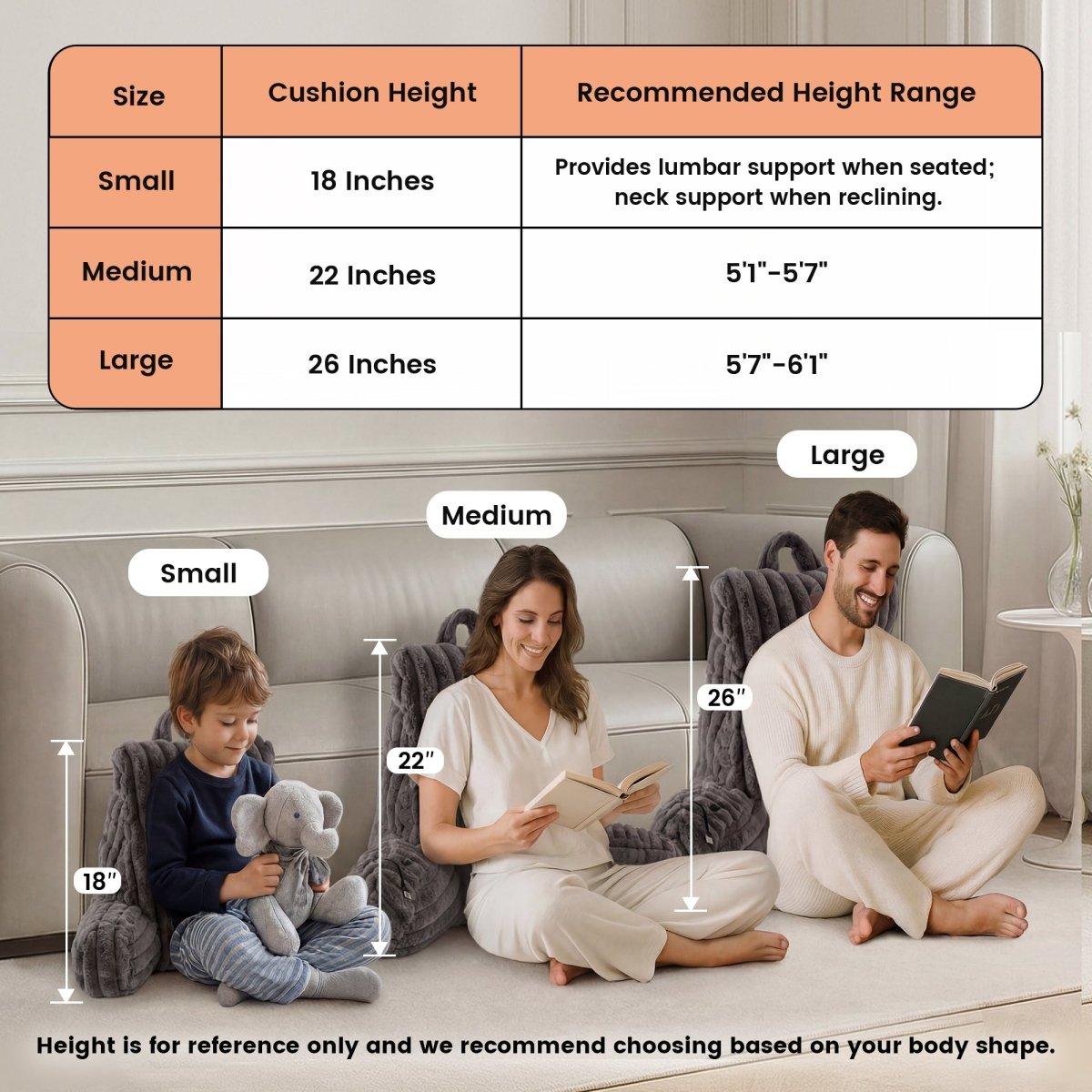 People leaning on electric heated backrest pillows with a chart showing the size height and recommended height range.  #color_Dark Grey