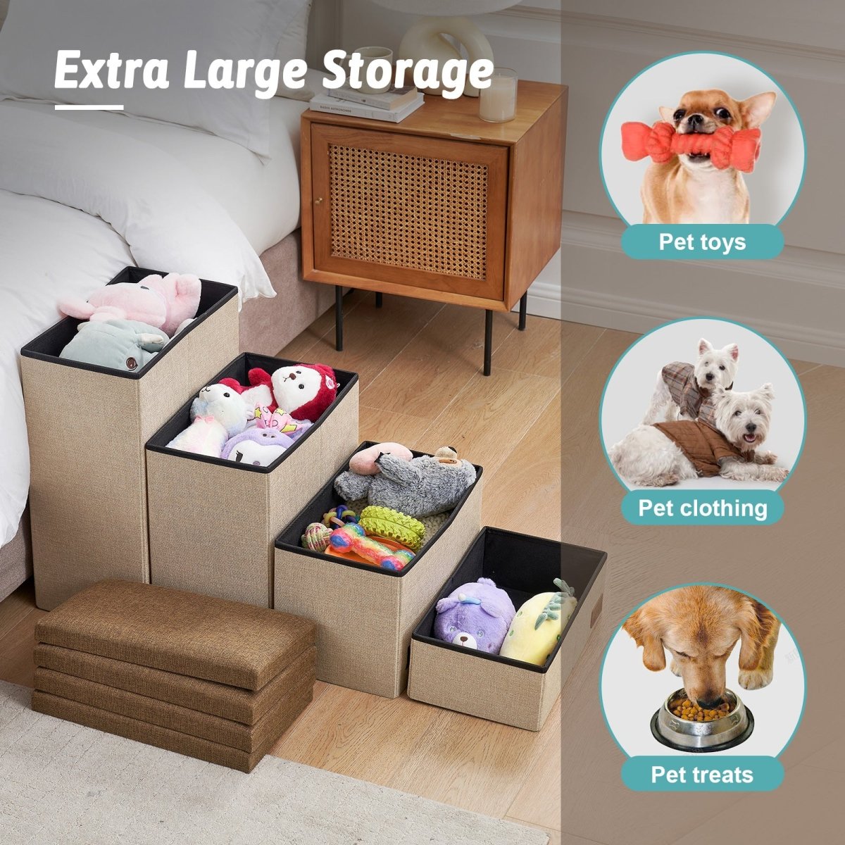 Extra large storage space inside each step of the Cozy Bliss pet stairs for toys, clothing, and treats. #color_Brown