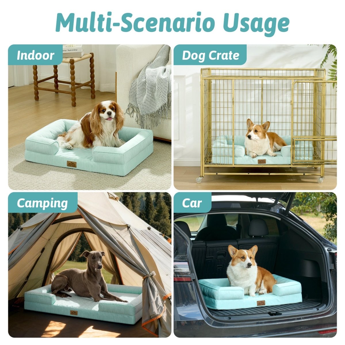 Dog bed used in various scenarios including indoor, dog crate, camping, and car.#color_Light Mint Green