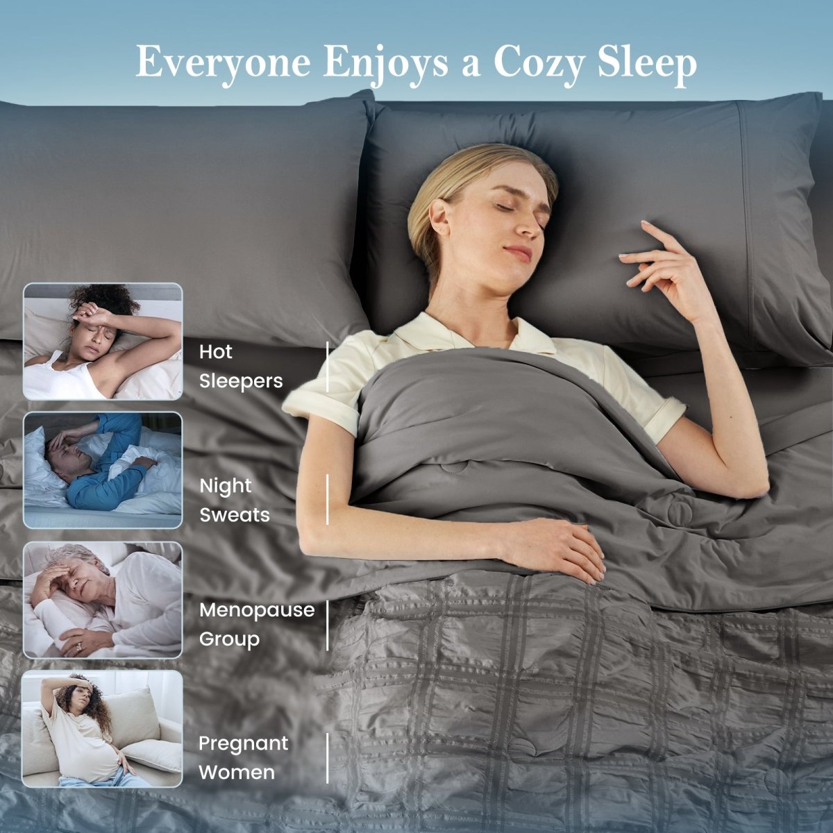 Woman sleeping peacefully under charcoal grey seersucker cooling comforter for hot sleepers.#color_Charcoal Grey