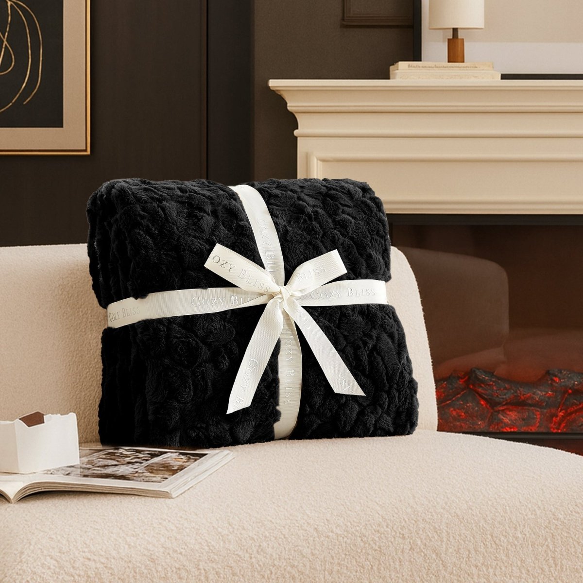 Gift-ready Cozy Bliss premium faux fur throw blanket wrapped with signature ribbon #color_Black