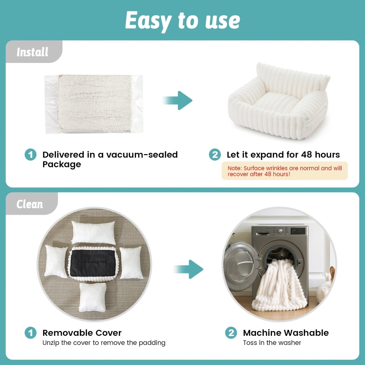 Instructions for easy installing and cleaning.#color_Cream White