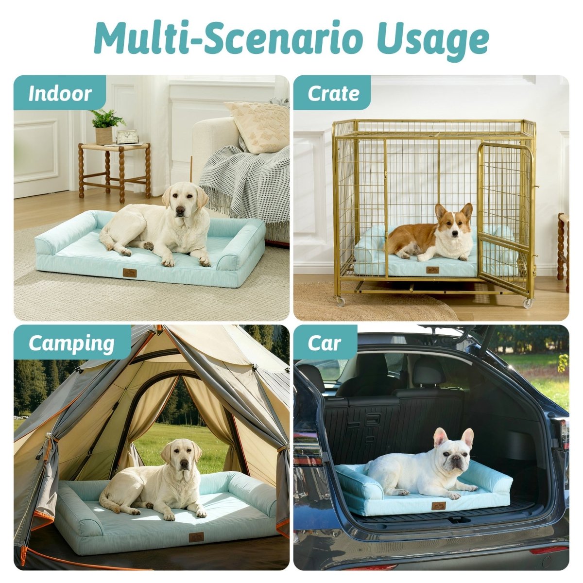 Collage of a dog bed used indoors, in a crate, for camping, and in a car.#color_Light Mint Green
