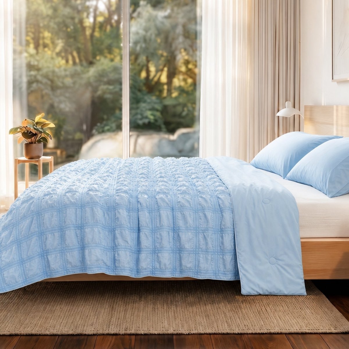 Cozy Bliss lightweight seersucker cooling comforter in side view, perfect for hot sleepers.#color_Sky Blue
