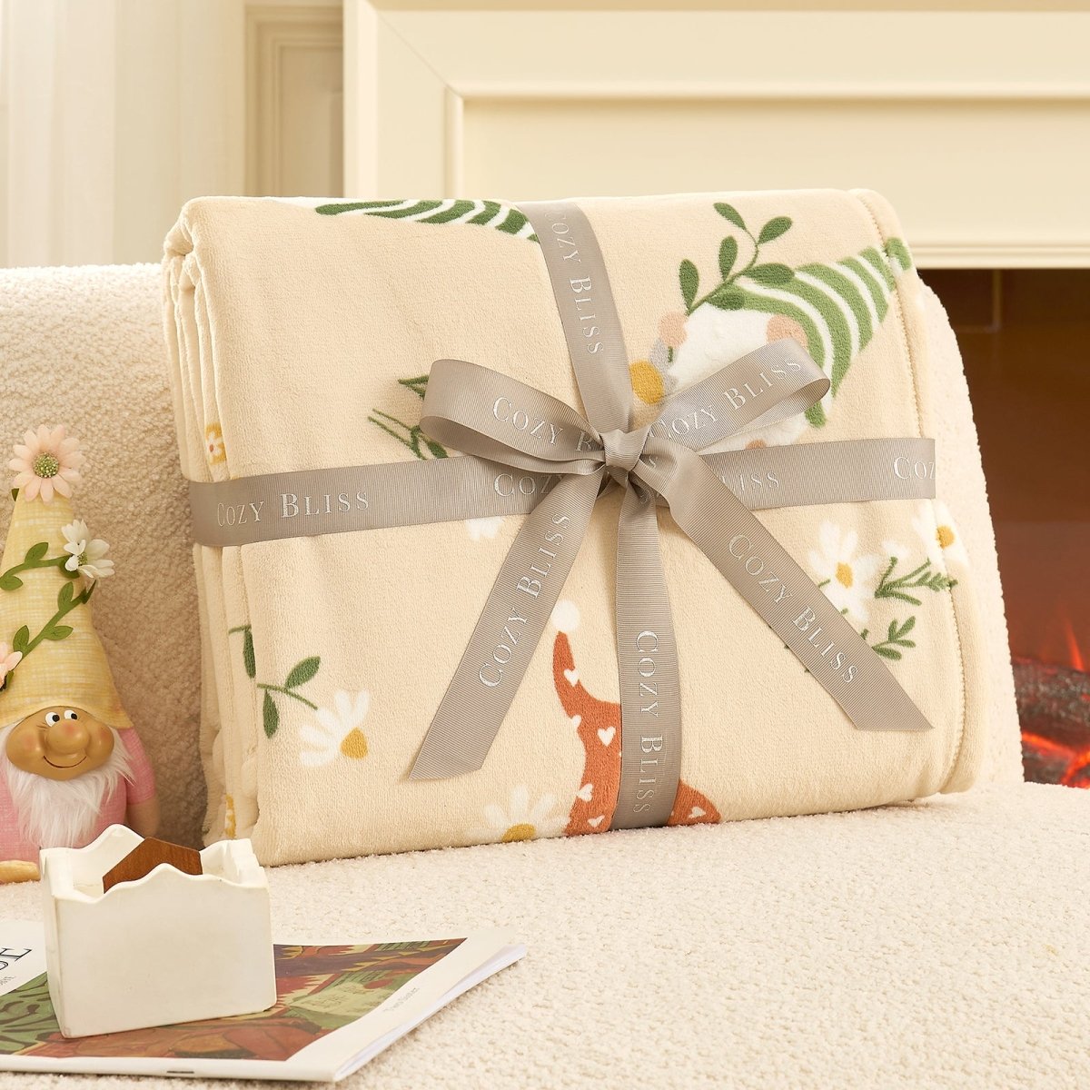 Spring gnomes milkyplush throw blanket in Beige folded with ribbon, perfect for gifting #color_Beige