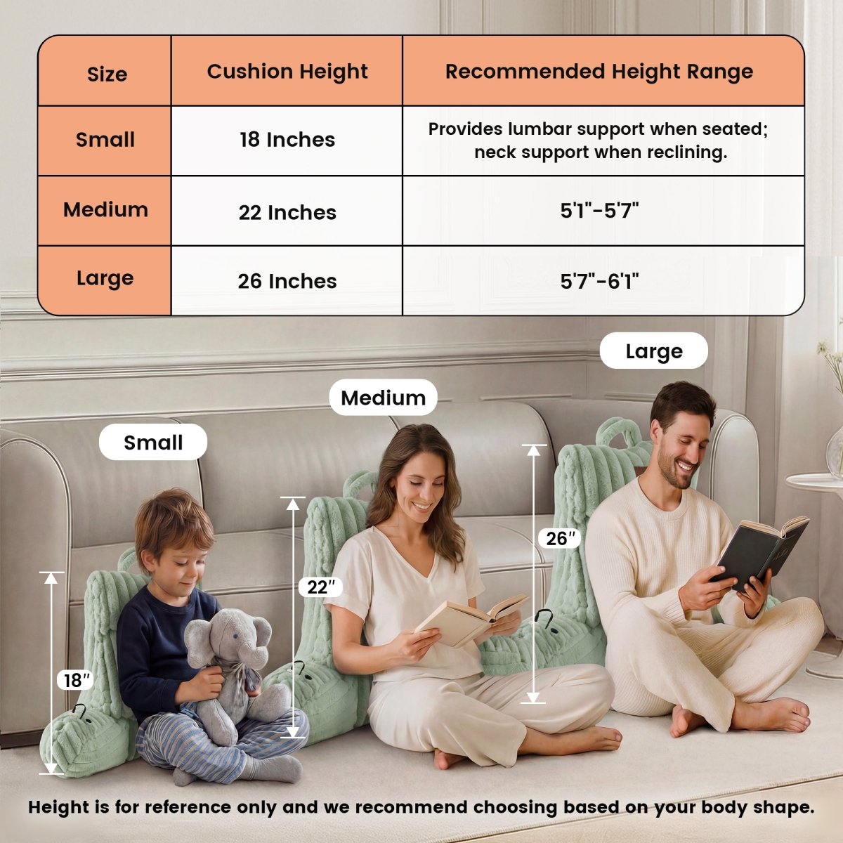 People leaning on electric heated backrest pillows with a chart showing the size height and recommended height range.  #color_Sage Green