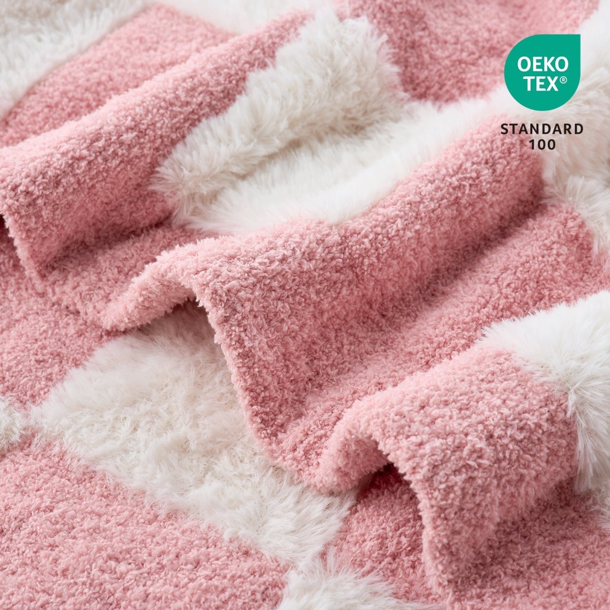 Close-up of Checkered Faux Fur Feather Yarn Throw Blanket in Pink White showcasing plush texture and OEKO-TEX STANDARD 100 certification. #Color_Pink white