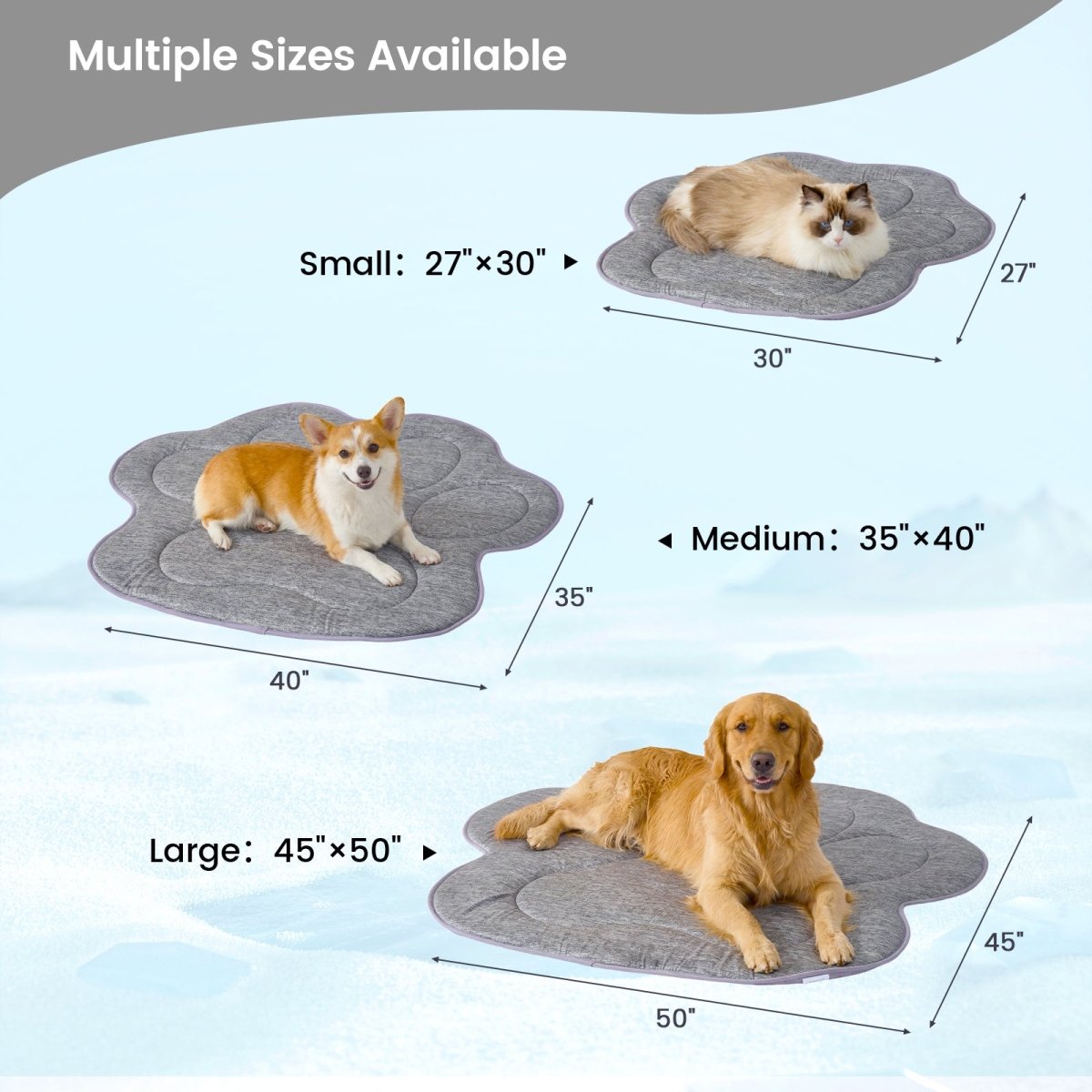 Pet mats of different sizes with dogs for scale.#color_Grey