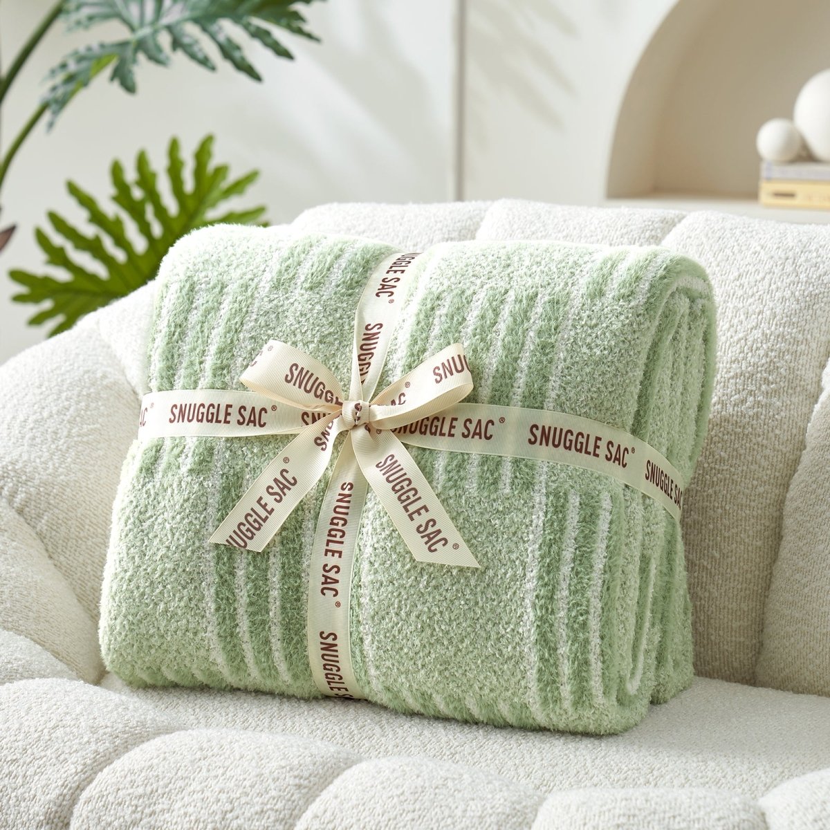 Reversible Heather Checkered Feather Yarn Throw Blanket in Sage Green neatly folded with ribbon, ideal for gifting and home decor. #color_Sage Green