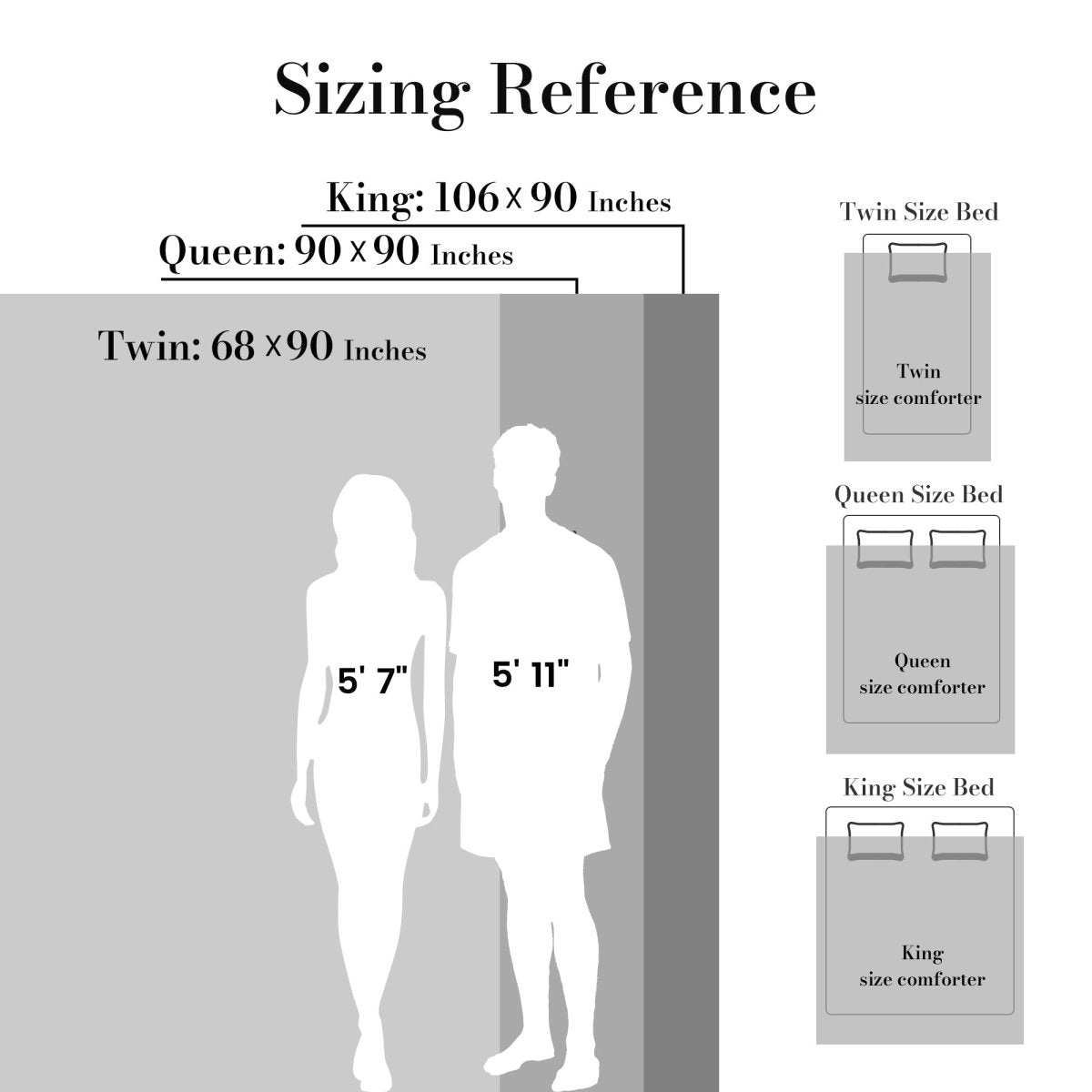 Diamond jacquard comforter sizing reference for Twin, Queen, and King size beds #color_Dark Grey