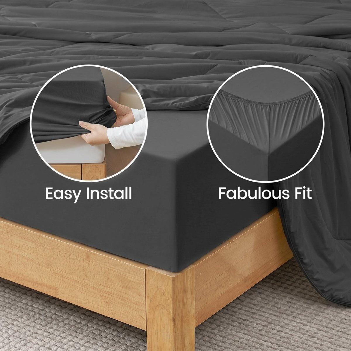 Close up of Cozy Bliss fitted sheet, stay in place and easy install.#color_Charcoal Grey