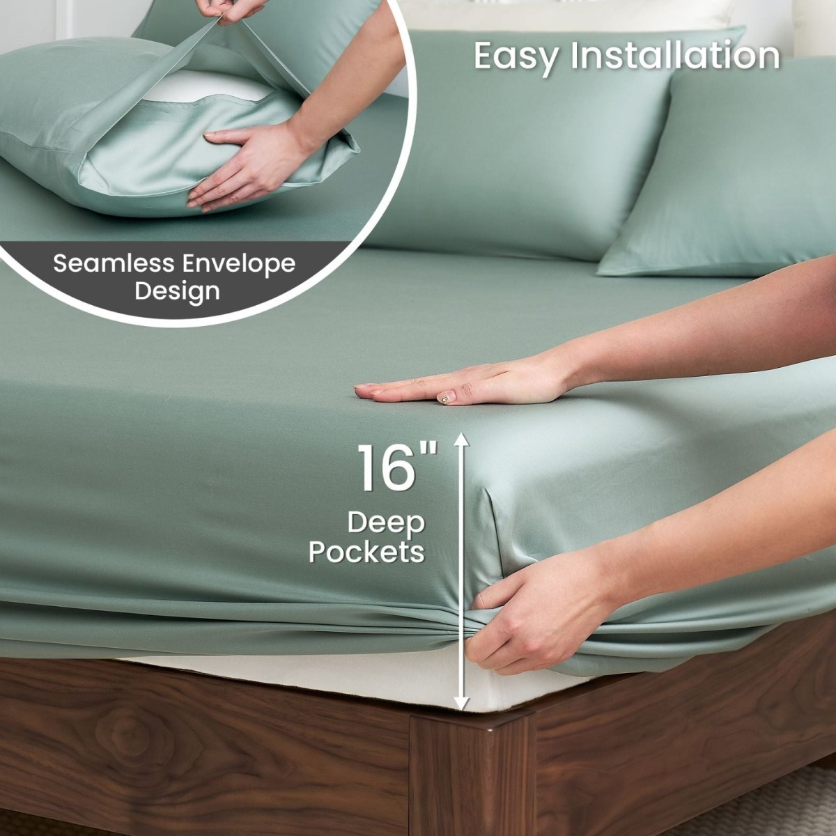 Close-up of hands fitting Cozy Bliss Tencel™ Eco-friendly Silky Sheet Set onto a mattress, showing 16-inch deep pocket design. #color_Sage Green