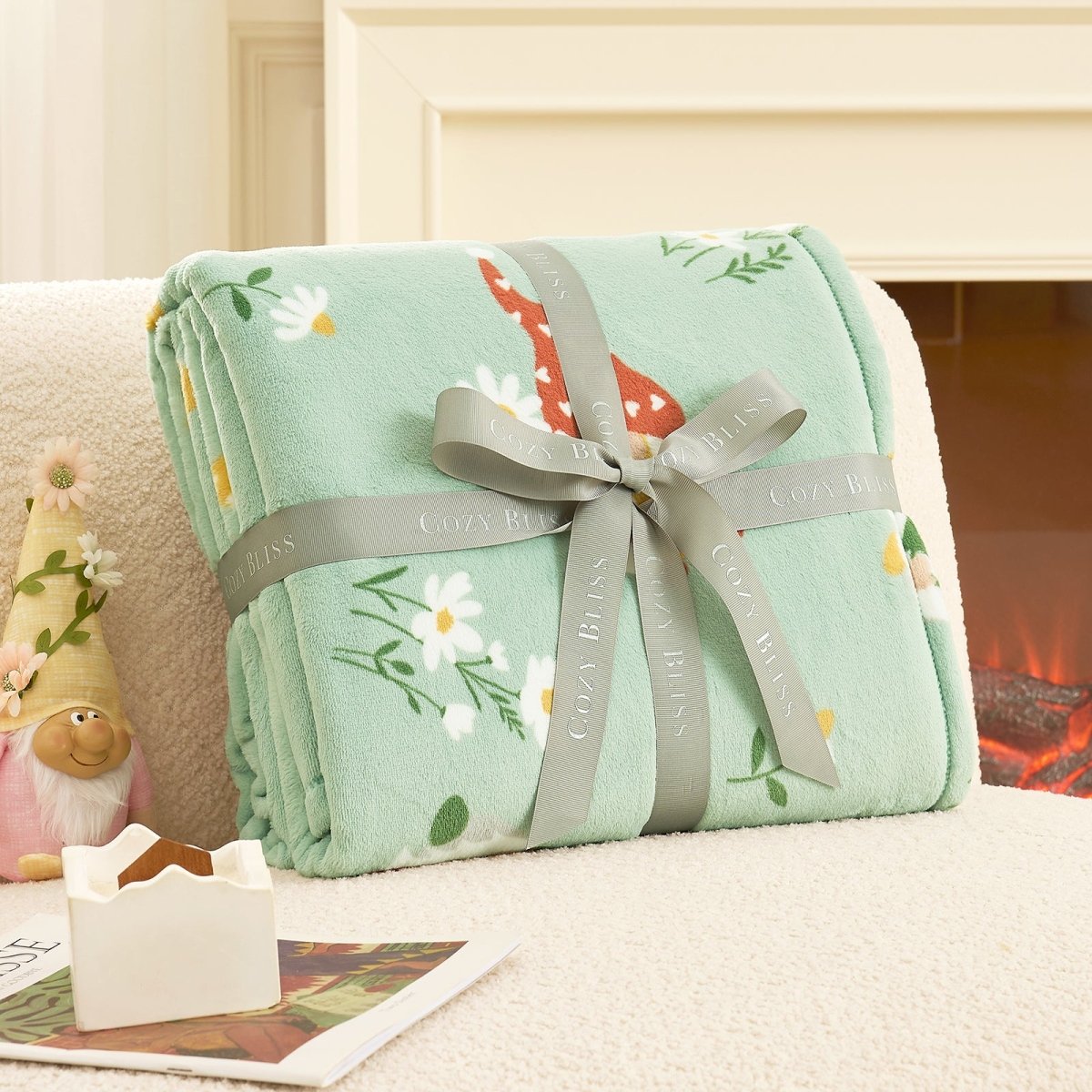 Spring gnomes milkyplush throw blanket in Green folded with ribbon, perfect for gifting #color_Sage Green