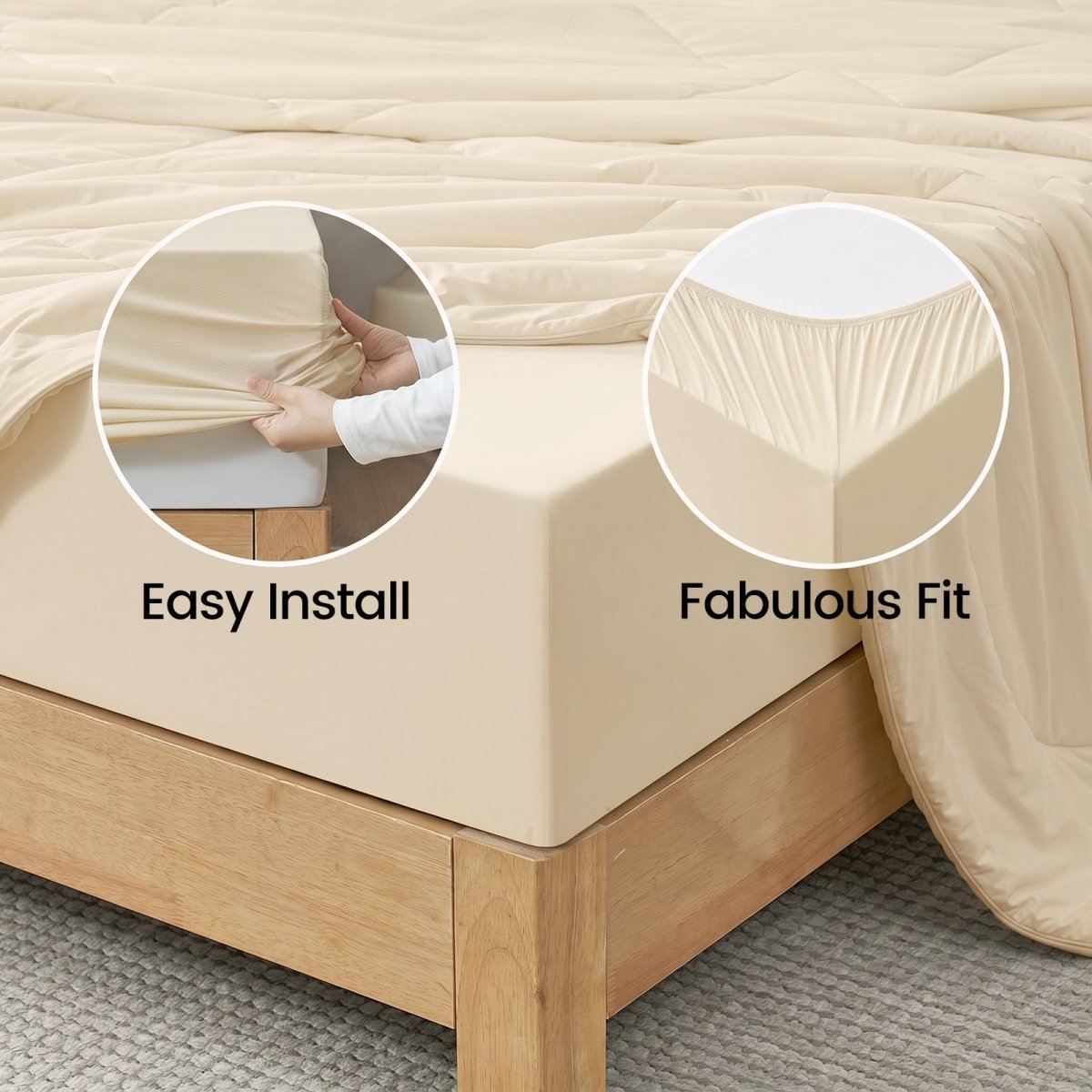 Close up of Cozy Bliss fitted sheet, stay in place and easy install.#color_Khaki