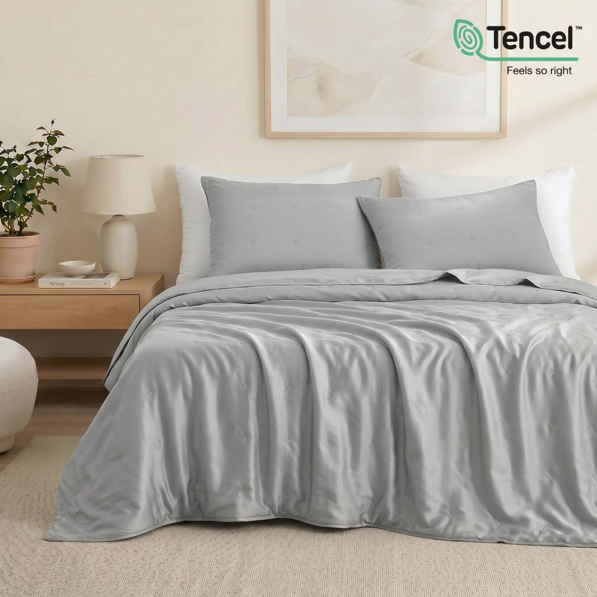 Cozy Bliss Luxurious Tencel™ Lyocell Cooling Comforter in white front view.#Color_Grey
